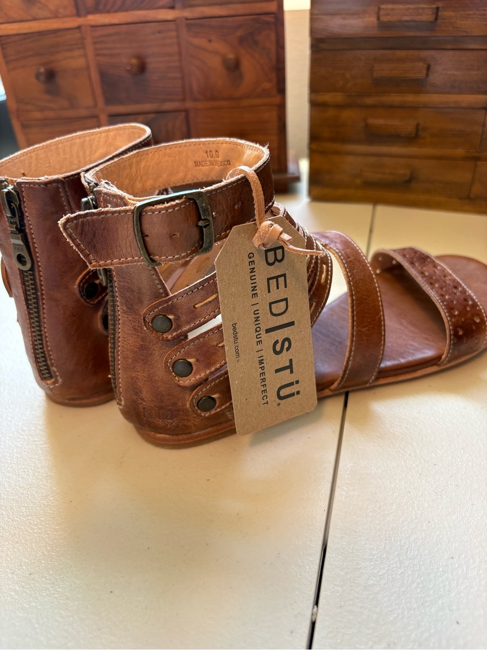 Bed|Stü Artemis strappy leather back-zip sandals NWT cognac size 10 - Picture 5 of 9